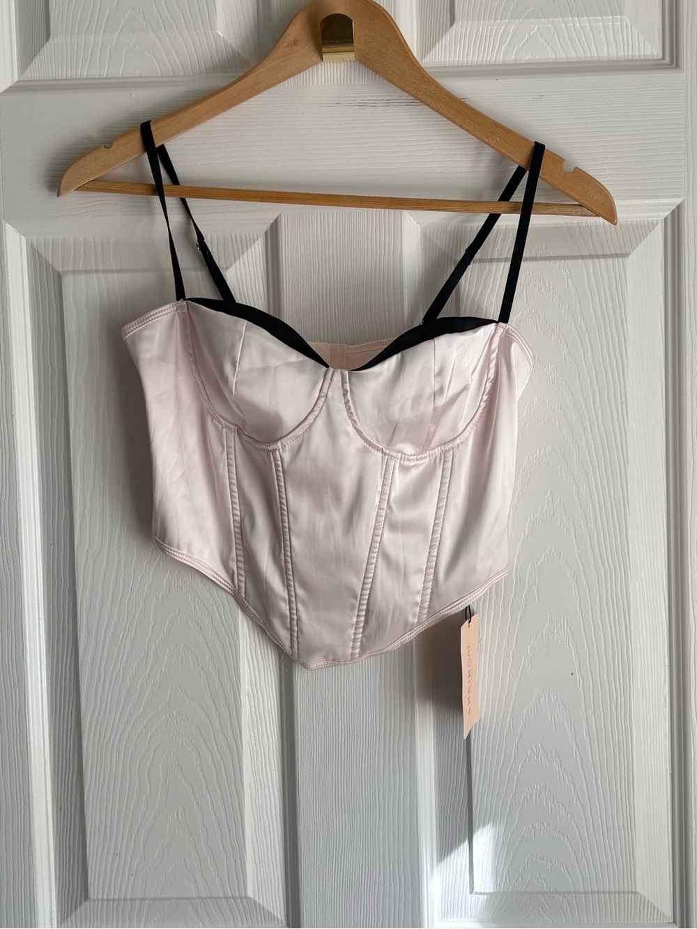 SHEIN Pale Pink Satin Corset Top with Black Straps
